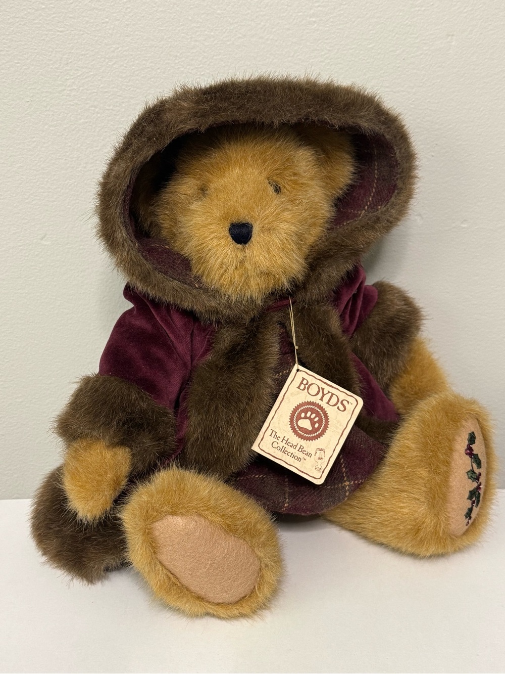 Boyds Bears Plush Teddy in Burgundy Coat with Brown Fur Trim